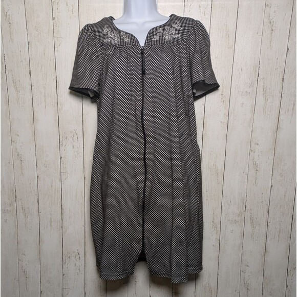 Vintage Black White Dotted Zip Front House Dress Floral Embroidered Lounge Comfy - Picture 2 of 8